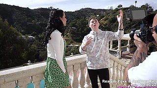 Beautiful brunette gets a shower and gives a blowjob to a lucky guy.