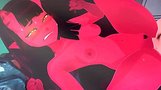 3d animated cartoon of a sexy devil girl fucking with threed nerdy dicks