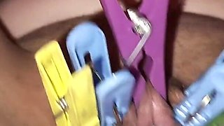Pussy and clit bdsm with clothespins