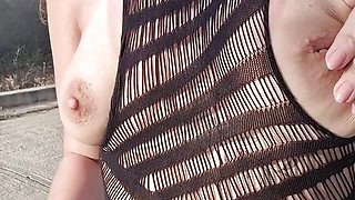 I flash my tits and pussy while walking in a see-through dress