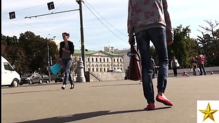 Sexy slender European teen in high heels upskirt outside