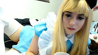 Hot Blonde Babe in Black Nylons Masturbates Solo