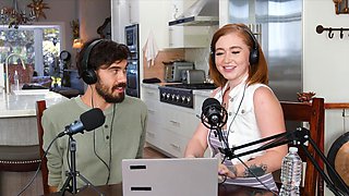 Lover fucks redhead porn doll during  their podcast and comes on her big tits