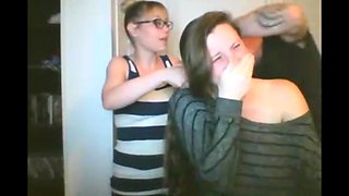 2 girls long hair braiding and tits flashing