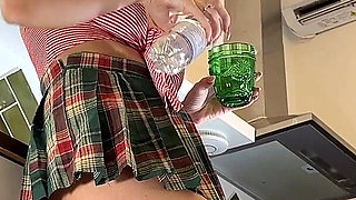 Flexible Hot Wife in the Kitchen Does Gym Training at Home by Spreading Legs and Taking Her Panties off Under Her Mini Skirt