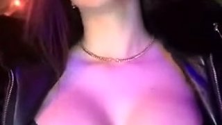 Busty curly brunette with big boobs fucks on couch