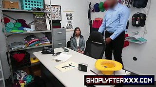 Security officer Jovan Jordan has caught young thief Jada Kai trying to walk out of the store with a bunch of merchandise on her, so he handcuffs her and brings her to the back room for questioning. FULL SCENE on http://ShoplyfterXXX.com