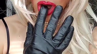 Teasing you in my black satin dress, full make up, pearls, opera leather gloves, stockings, suspenders, pearls, chastity, blonde