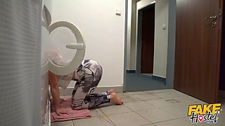 Faux hostel - fussy Big Tits karen gets stuck inside a washing machine