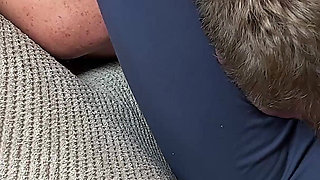 Cruel Headscissors in Blue Leggings on the Couch