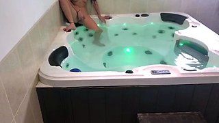 Amateur busty brunette masturbates and does hand job