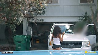 Slim Buxom Curly Latina Babe Ginger Bytes Rides Wild Rodeo On Mechanic's Dick In Garage