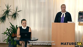 Watch as mature brunette Lilian Black cheats on her husband and secretly watches him take it from behind