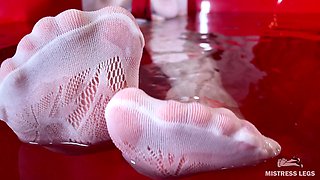 Mistress in White Fishnet Tights Takes a Bath and Teases You with Her Ass and Feet