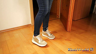 Beige Sneakers & Sheer Nylons - Footplay and Dangling Under the Desk