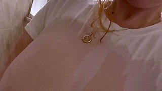 Big Boobed Blonde Masturbates With A Dildo In The Bathroom