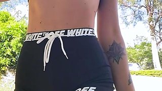 Blonde is flashing her big boobs in the outdoors