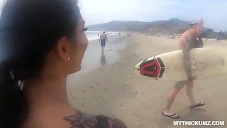 Thick Latina gags on random cock from the beach