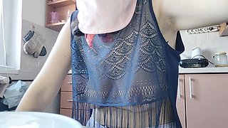 Hairy Brunette Pussy, Big Tits, Sensual Hairy Woman in the Kitchen.