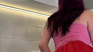Hottest Redhead Big Tits Cheerleader in Mini Skirt and Over Knee Socks Flashes Her Tight Shaved Meaty Pussy and Naked Ass