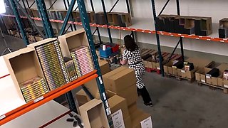 Boss fucks the black-haired milf in the warehouse