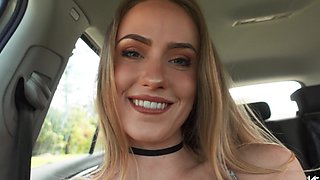 Natural tits solo girl Scarlet spreads legs to masturbate in the car
