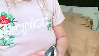 Blonde teen slut plays with a toy banana