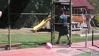 Cute athletic babe lets her coach fuck her tight pussy
