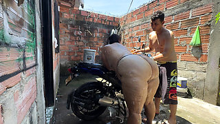 My neighbor helps me wash the bike and then fucks me and fills my mouth with milk