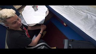 HUNT4K. Having fun in a train with a redhead who likes striptease and sucking strangers dicks: Porn