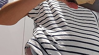 Sexy brunettes try on clothes at fitting room. Hairy pussy amateur wife, big tits, big ass.