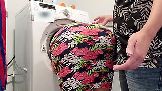 Pervert stepson fucks stepmom stuck in the washing machine