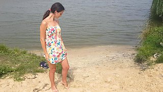 Girl Bathes Naked in the River and Masturbates on the Shore