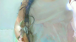 Naughty girl taking a hot shower and getting horny ending up masturbation at shower , mouth close up