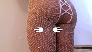 Big Cock Crossdresser Amateur in White Fishnets