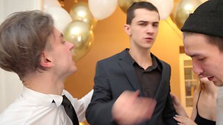 Brown-haired bride gets gangbanged in the living room