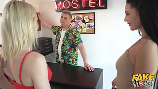 Faux hostel - posh blondie and dark haired european babes slum it in a dirty threeway