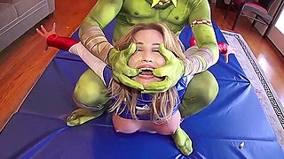Horny babe was wearing a super hero costume while having sex with a guy dressed as monster