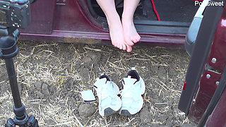 Hot Sexy Brunette with Big Tits Masturbates in the Car with Vibrator