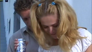 Pigtailed skinny blonde outdoor double penetration