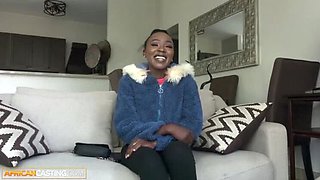 Petite black teen Brandie gets rough face fucked by big cock in casting couch scene