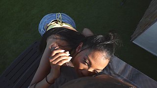 Beautiful long-haired woman gets cfnm treatment and enjoys outdoor sex.