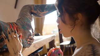 TwoTattooed Lesbian Anal Gape and Squirt and Big Toy