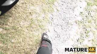 MATURE4K. Mature bitch Texas Patti is fucking on top of her car in front of her husband