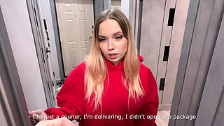 Sexy Delivery Girl Without Panties Stole My Food! - Shows Big Tits and Sucks Cock, Fucks Tight Pussy