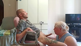 Wife Watches Mother-in-law Doing Deep Blowjob and Swallowing Cum