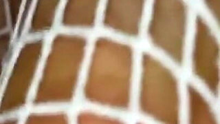 Ebony Girl Shows off Her Feet with French Pedicure in Her White Fishnets