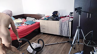 Amateur Emma vacuuming the room. Amateur wife gives me a handjob until I cum