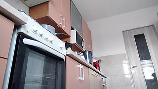 Sexy Naked Wife Preparing Food in the Kitchen. Hairy Brunette, Big Ass, Big Tits.