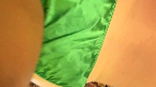 Fucking my panty friend in green satin bikini panties.
